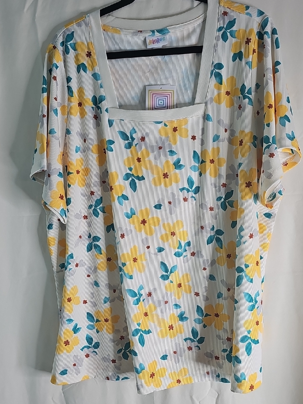 LuLaRoe White Floral Square-Neck Martha with Yellow & Teal Blooms